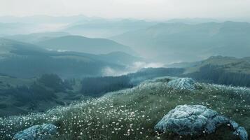 ai généré Montagne paysage avec fleurs photo