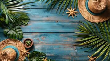 ai généré en bois table avec paume feuilles et Chapeaux photo