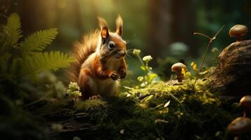 ai généré écureuil butiner dans le forêt, détaillé faune scène photo