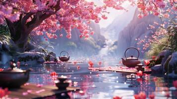 ai généré élégant thé jardin avec flottant théières et Cerise fleurs, photo