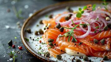 ai généré une gourmet assiette de fumé Saumon avec câpres, oignons, et crème fromage photo