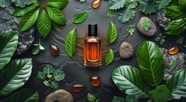 ai généré bouteille de parfum entouré par feuilles et rochers photo