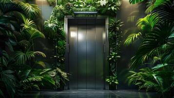 ai généré ascenseur des portes ouverture à une luxuriant, caché jungle photo