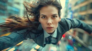 ai généré une femme d'affaires dans une costume en volant avec une cap dans une ville, économie échouer entreprises photo