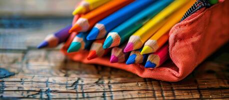 ai généré groupe de coloré des crayons dans bleu Cas photo