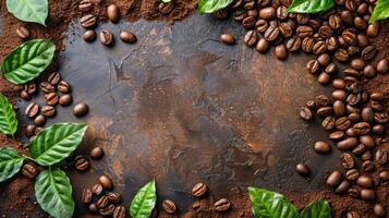 ai généré groupe de café des haricots et vert feuilles photo