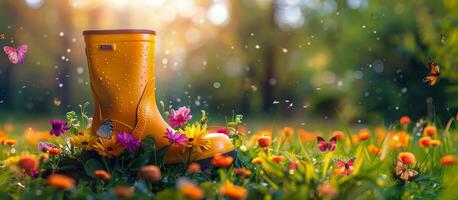 ai généré paire de Jaune pluie bottes avec fleurs photo