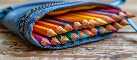 ai généré bleu Cas avec coloré des crayons sur en bois table photo