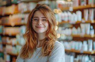ai généré femme portant des lunettes dans de face de boutique étagère photo