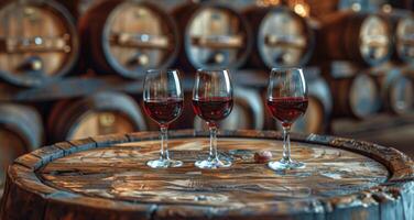 ai généré Trois des lunettes de du vin sur en bois table photo