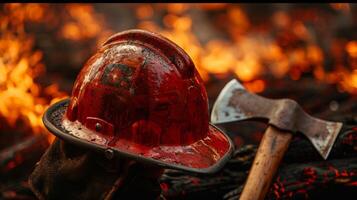 ai généré sapeurs pompiers casque et hache contre une toile de fond de flammes photo