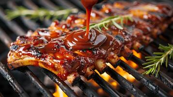 ai généré une éclaboussure de acidulé barbecue sauce étant brossé sur grillé travers de porc photo