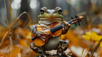 ai généré un optimiste grenouille dans une les musiciens tenue en jouant dans une concert entrée, photo
