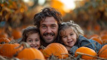 ai généré de bonne humeur famille à une citrouille correctif, l'automne aventure, récolte joie photo