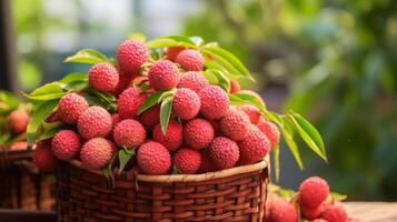 ai généré panier débordé avec doux, savoureux litchis photo