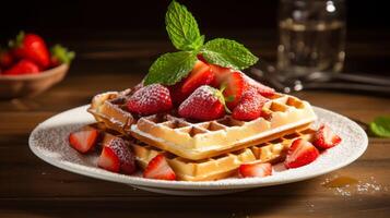 ai généré délicieux assiette de gaufres surmonté avec Frais des fraises photo