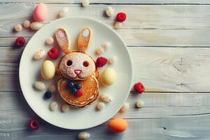 ai généré Pâques vacances enfants petit déjeuner crêpe dans le forme de un Pâques lapin avec baies et Pâques coloré des œufs sur une lumière en bois Contexte photo
