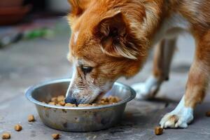 ai généré vue de chien en mangeant nourriture de une bol. photo