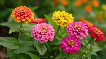 ai généré dans une fleur lit dans une grand nombre divers zinnias grandir et fleurir. photo