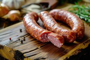 ai généré saucisse avec épices sur une vieux en bois tableau. photo