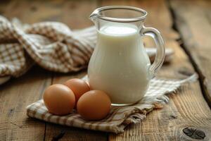 ai généré verre cruche de Lait et Oeuf sur en bois tableau. photo