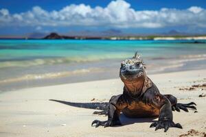 ai généré Marin iguane sur galapagos îles plage. photo