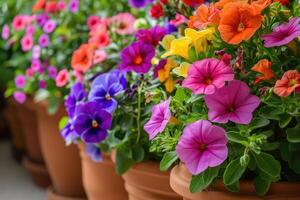 ai généré coloré fleurs croissance dans des pots sur le balcon. photo