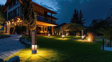 ai généré lumière des postes illuminé arrière-cour jardin pendant nuit heures. moderne arrière-cour Extérieur éclairage systèmes. photo