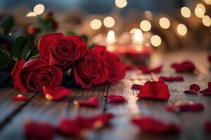 ai généré rouge des roses sur une en bois table contre une flou rue scène toile de fond en dessous de chaud intime éclairage. la Saint-Valentin journée. photo