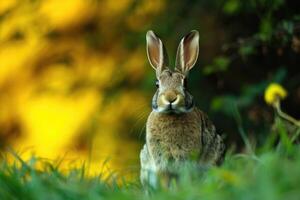 ai généré marron lapin permanent dans une champ. photo