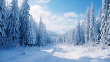 ai généré neigeux hiver route dans une Montagne forêt. magnifique hiver paysage. photo