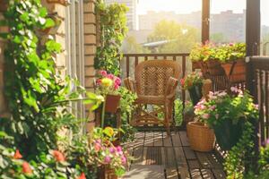ai généré magnifique balcon ou terrasse avec chaises, Naturel Matériel décorations et vert mis en pot fleurs les plantes. photo