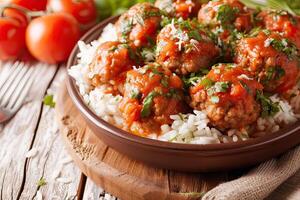 ai généré délicieux fait maison poulet ou dinde Boulettes de viande avec riz, légume et tomate sauce. photo