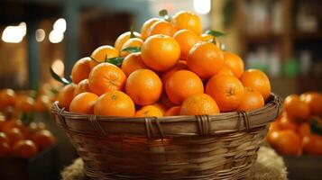 ai généré ancien marché panier débordant avec juteux mandarines photo
