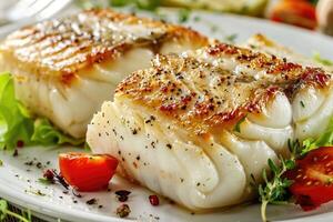 ai généré gourmet poisson filet, haute qualité plat. photo