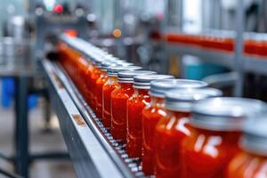 ai généré automatique convoyeur ligne ou ceinture dans moderne tomate pâte dans verre pots plante ou usine production. photo