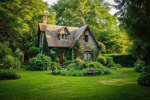 ai généré maison avec pelouse et jardin photo