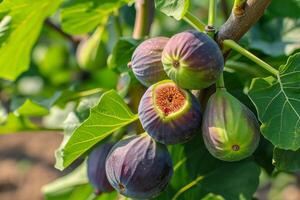 ai généré figue, ou figure arbre, ou commun figure arbre ficus carica est une subtropical à feuilles caduques plante de le genre ficus de le mûre famille. figues sur une branche photo