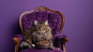 ai généré magnifique chat séance dans une victorien style chaise. a une bol de animal de compagnie aliments. photo