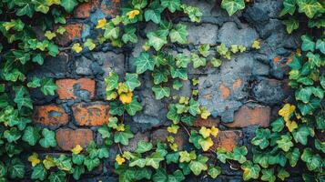 ai généré brique mur couvert dans vert feuilles photo