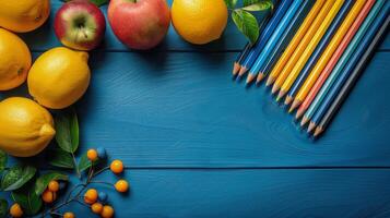 ai généré groupe de bleu et Jaune des crayons sur Jaune et bleu photo