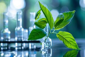 ai généré biotechnologie concept avec vert plante feuilles, laboratoire verrerie, et conduite recherche photo