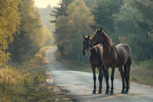 ai généré les chevaux permanent sur le route près forêt à de bonne heure Matin ou soir temps. route dangers, faune et transport. photo