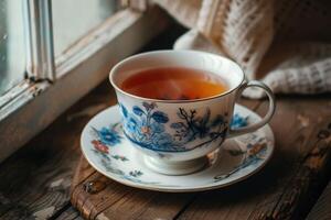 ai généré noir thé dans une porcelaine magnifique tasse photo
