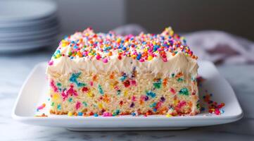 ai généré confettis casse-croûte gâteau avec arrose et Glaçage photo