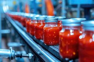 ai généré automatique convoyeur ligne ou ceinture dans moderne tomate pâte dans verre pots plante ou usine production. photo