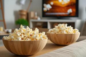 ai généré deux en bois boules avec Frais Popcorn, sur le Contexte de une Accueil intérieur avec une la télé. photo