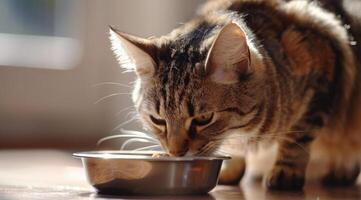 ai généré fermer de chat en mangeant sec nourriture de bol. photo