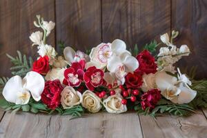 ai généré floral arrangement sur en bois Contexte photo