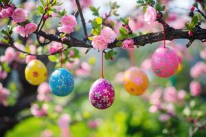 ai généré coloré Pâques des œufs pendaison sur épanouissement arbre branches Extérieur dans jardin. photo